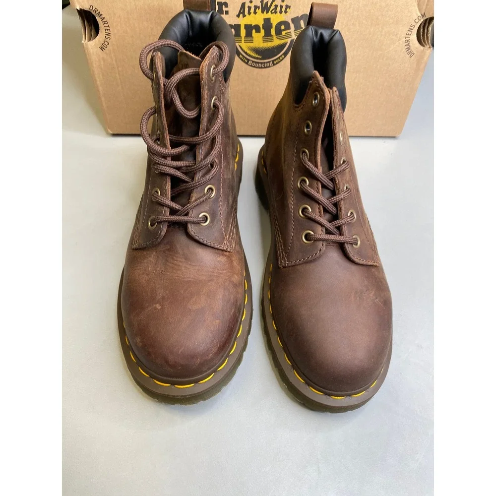 Dr. Martens Brown Leather Lace-Up Work Boots with Yellow Stitching